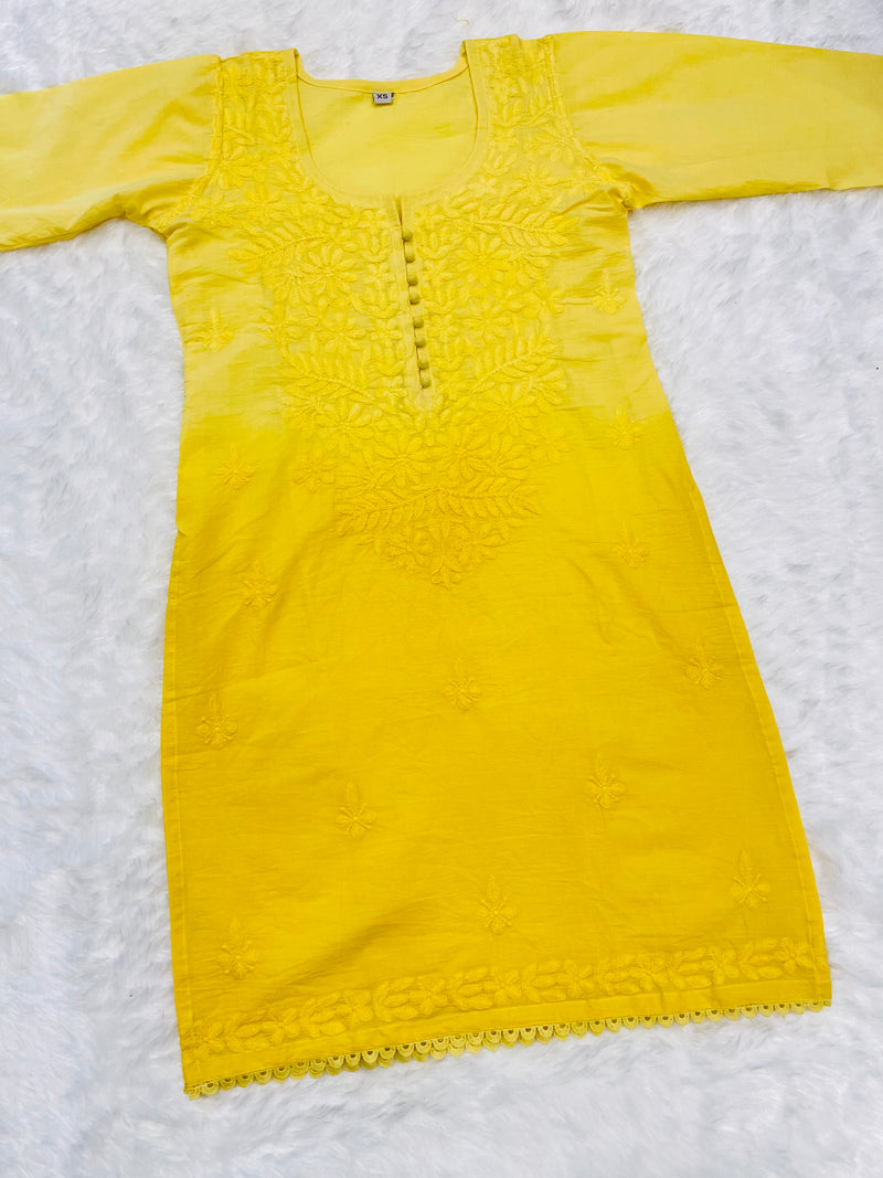 Tvis and Bliss. Lemon Yellow and White Stripes Cotton Embroided Kurti